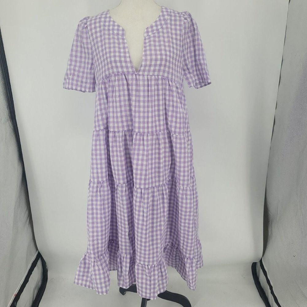 BiBi Plaid Gingham Midi Dress Purple White Short Sleeve V-Neck Size Large NEW